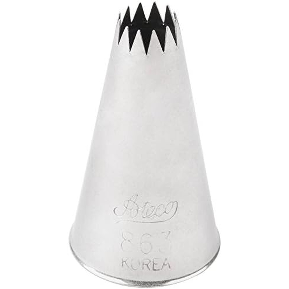Ateco 863 pastry tip side view clearly showing the Ateco brand engraving and model number 863 on the stainless steel body