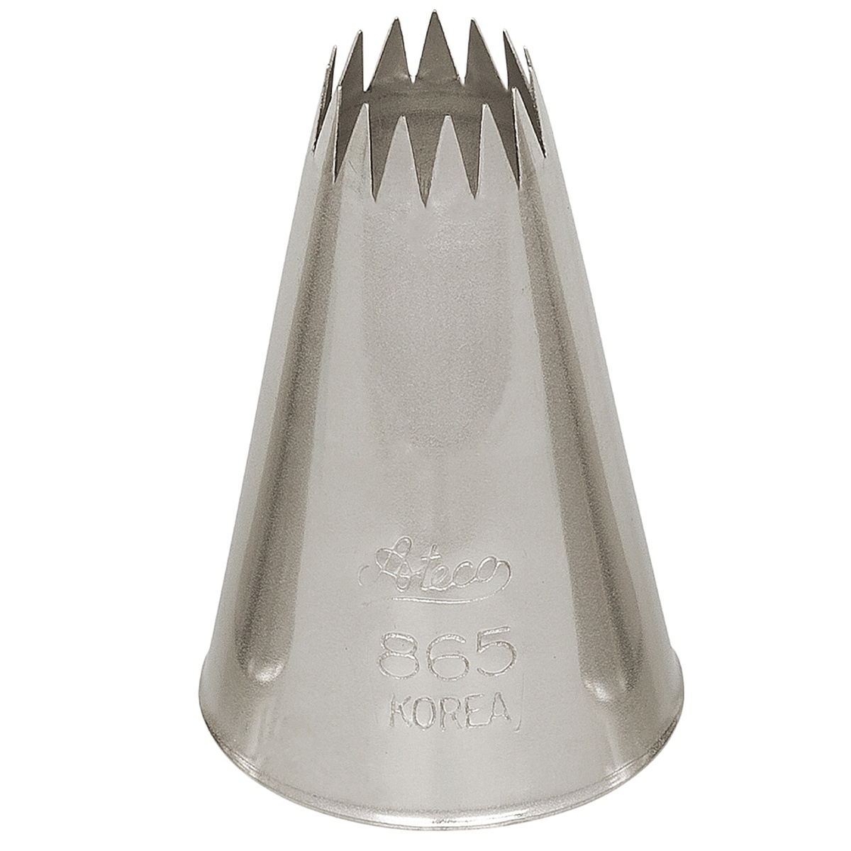 Ateco #865 large French star pastry tip in stainless steel showing open multi-point star opening