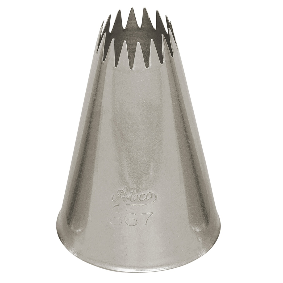 Ateco 867 French Star piping tip in stainless steel, top view showing deeply-cut star opening
