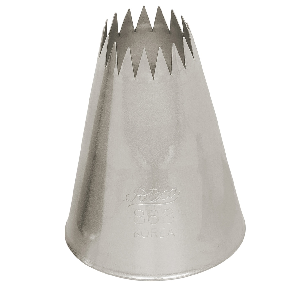 Ateco 868 French Star stainless steel pastry tip showing sharp serrated star teeth opening, embossed with Ateco 868 Korea
