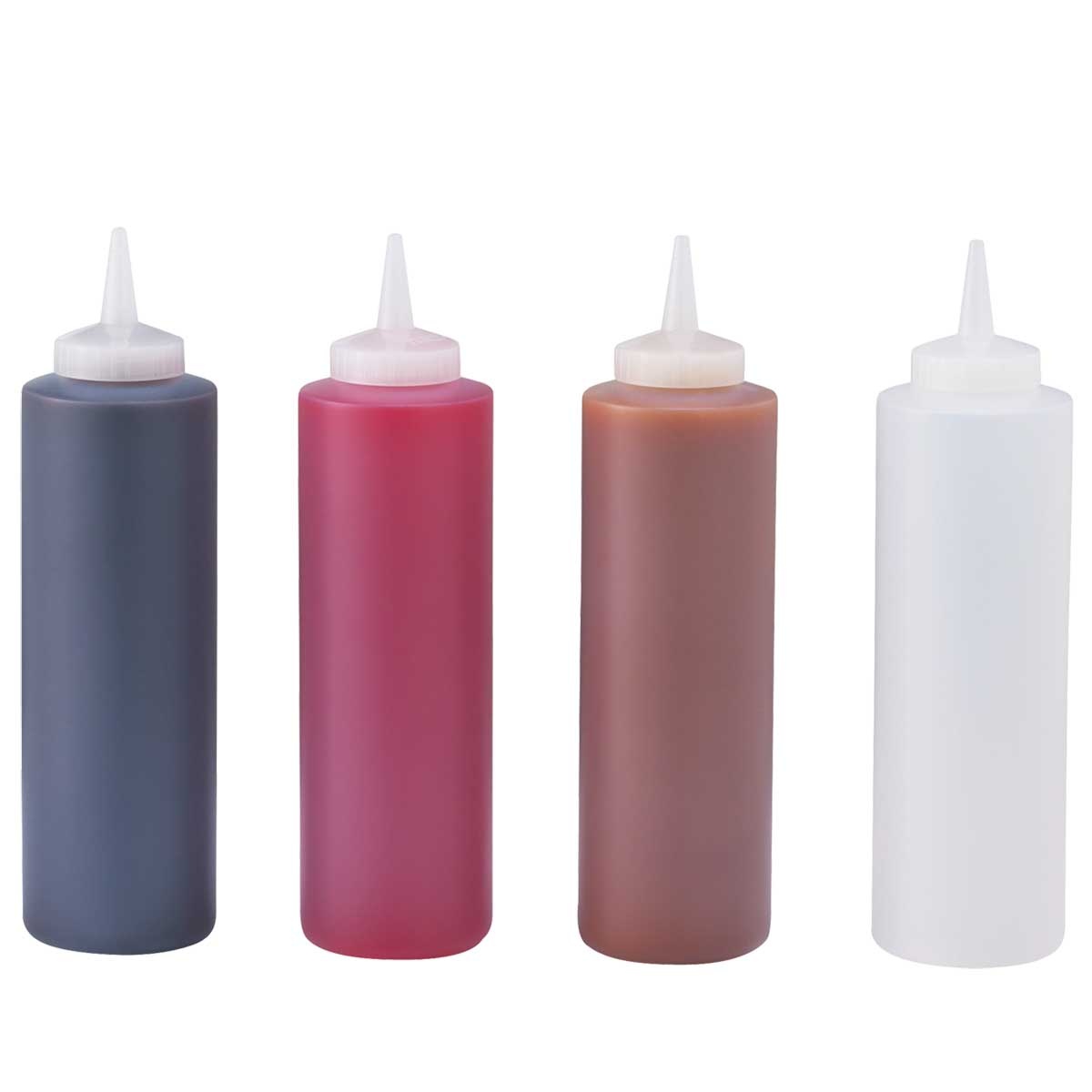 Server Products 86809 squeeze bottles with pointed tip caps in a row showing dark, red, brown, and clear varieties on white background