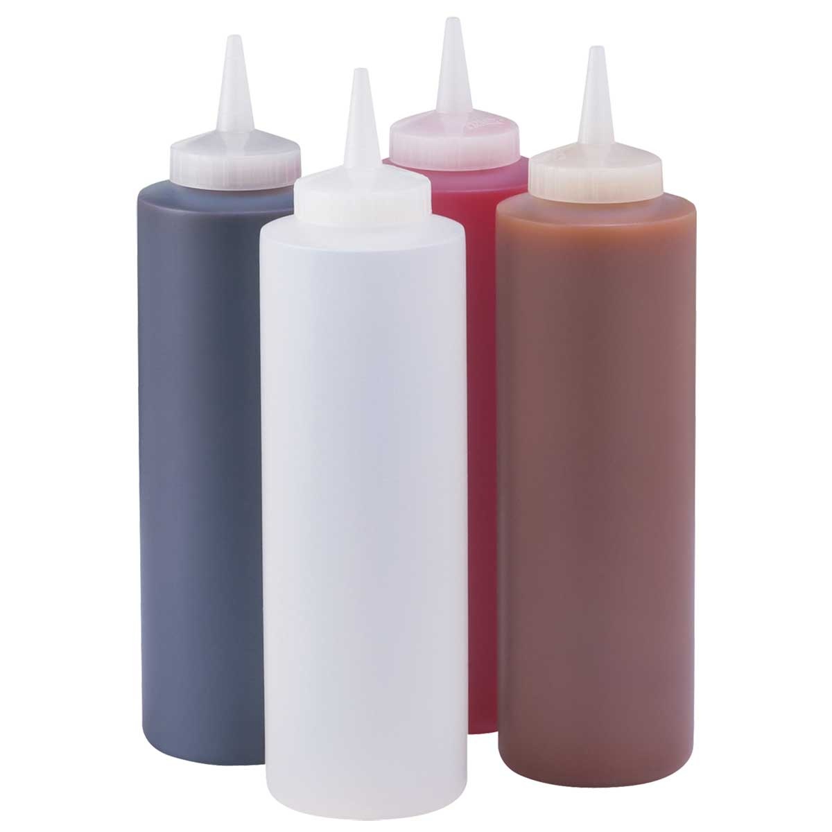 Server Products 86809 high-density squeeze bottles filled with various colored sauces, grouped together on white background