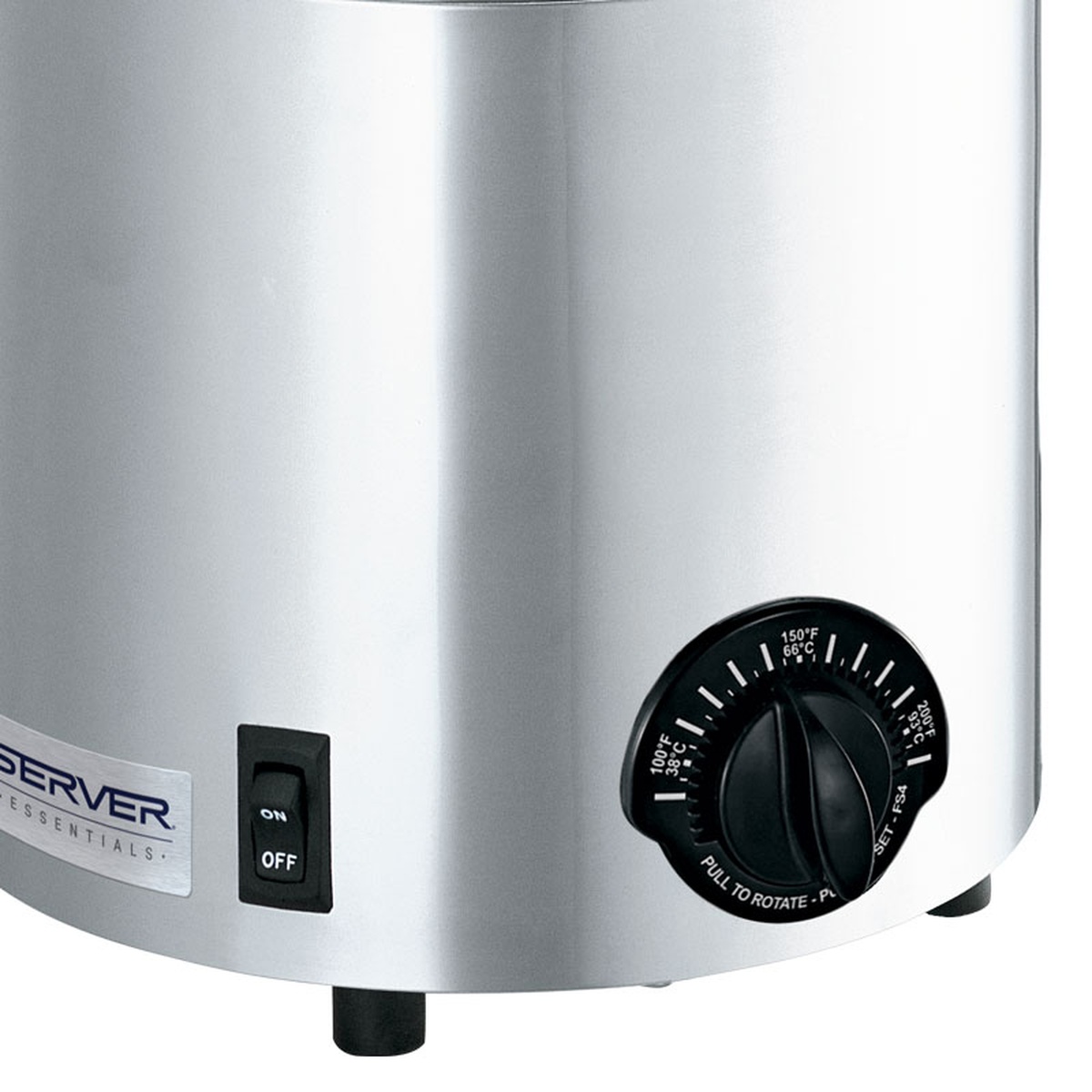 Close-up of the pull-to-rotate thermostat dial on the Server Products squeeze bottle warmer showing 100 to 200 degree Fahrenheit range