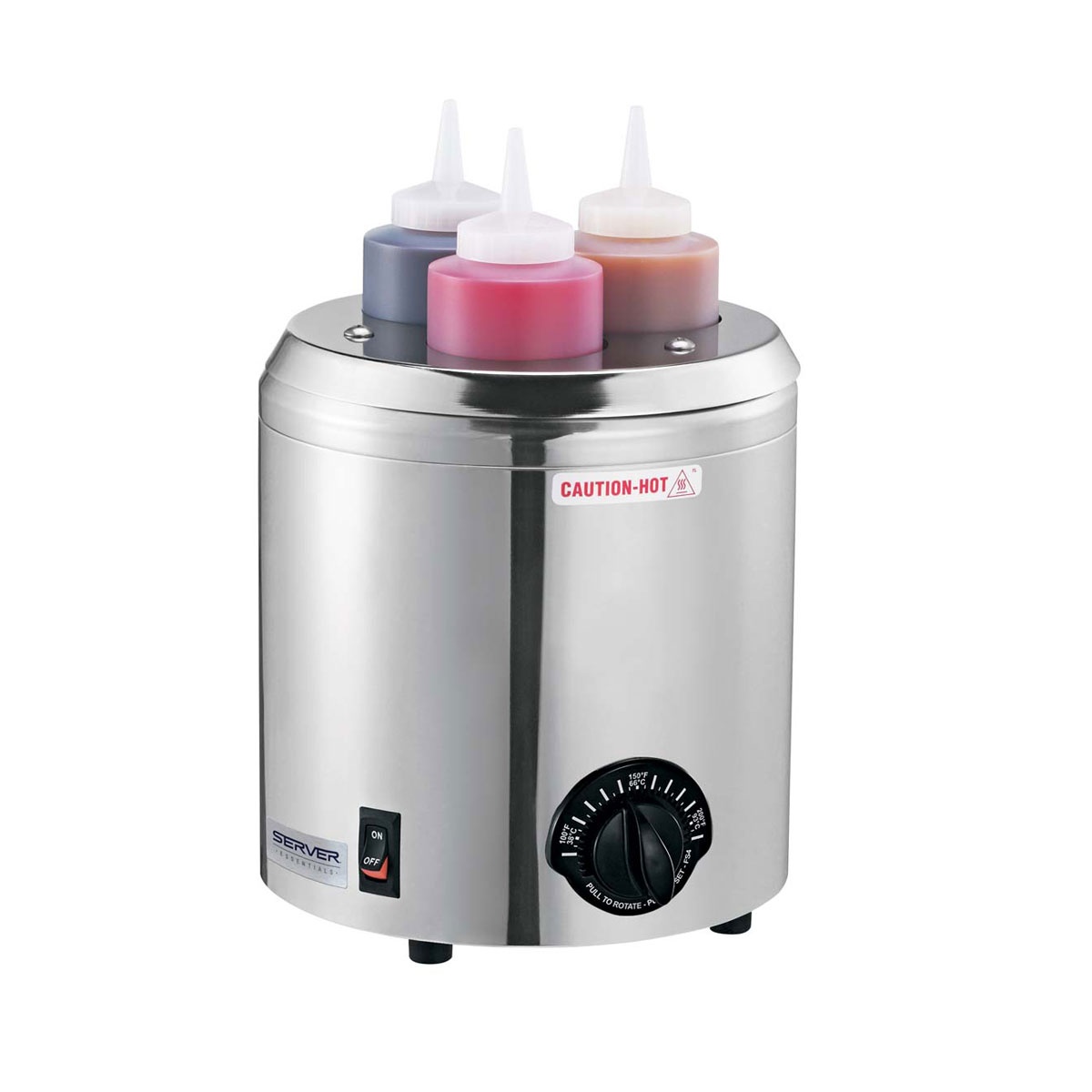 Server Products 86810 Signature Touch stainless steel squeeze bottle warmer with three filled bottles inserted in top