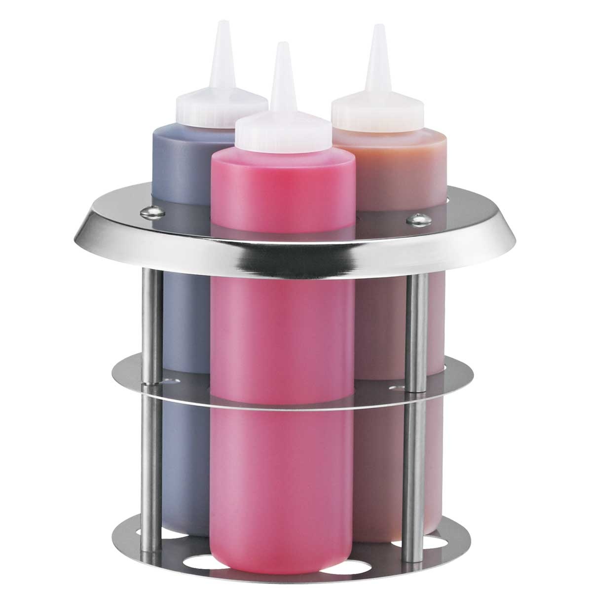 Stainless steel vessel rack component from Server Products squeeze bottle warmer holding three 16 oz squeeze bottles