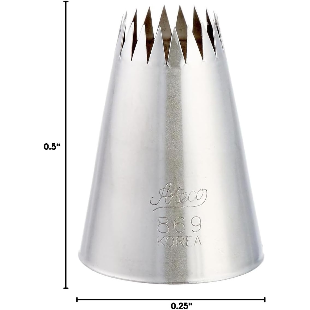 Ateco 869 pastry tube with dimension callouts showing 0.5 inch height and 0.25 inch width