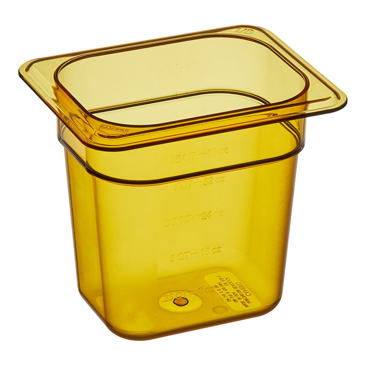 Cambro 86HP150 amber translucent 1/8 size high heat food pan, 6 inches deep, showing molded measurement graduations on the interior