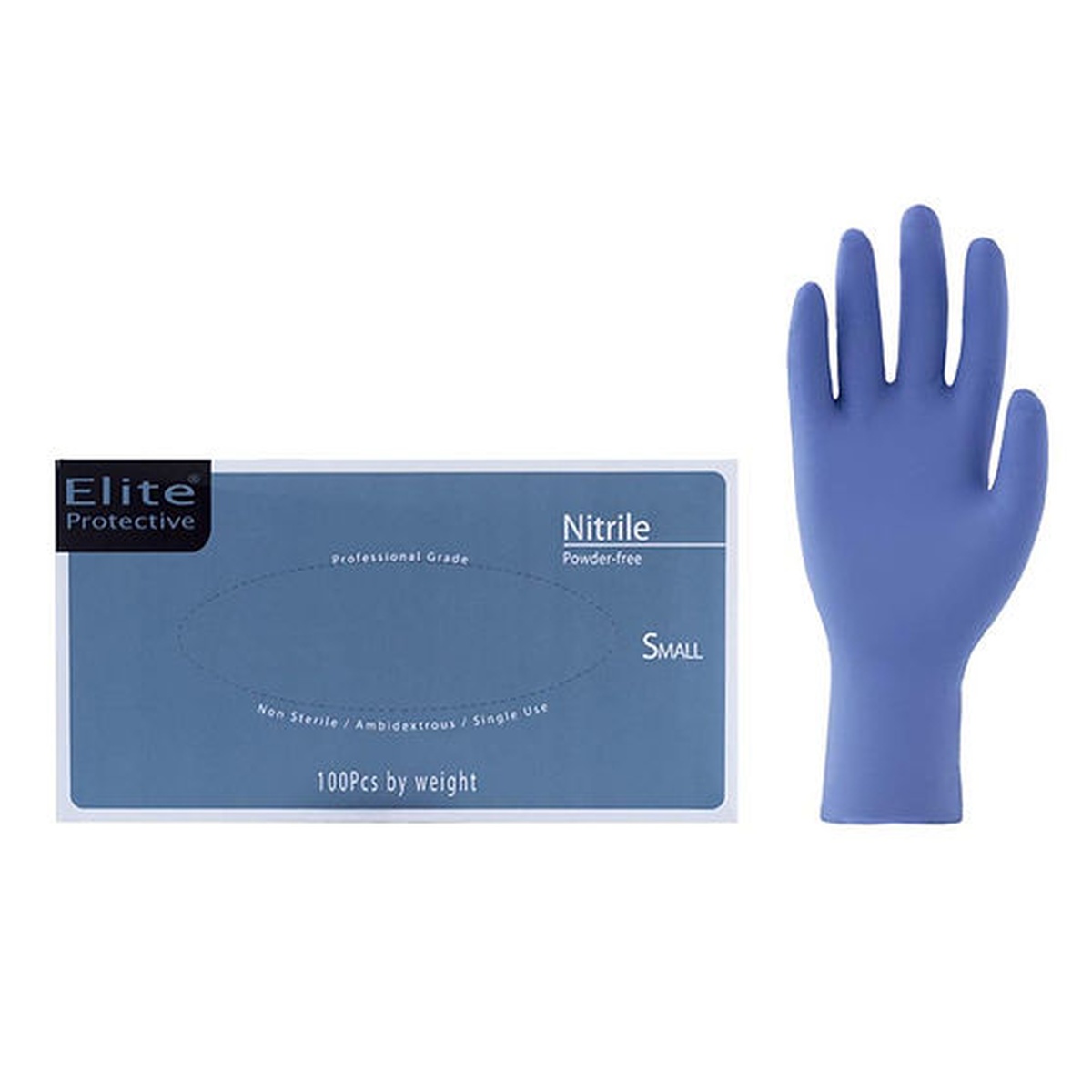 Elite Protective indigo blue nitrile glove box and single glove on white background