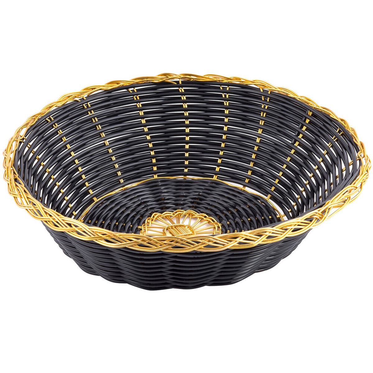 TableCraft 875B round black polypropylene woven basket with metallic gold vinyl trim, 8-inch diameter