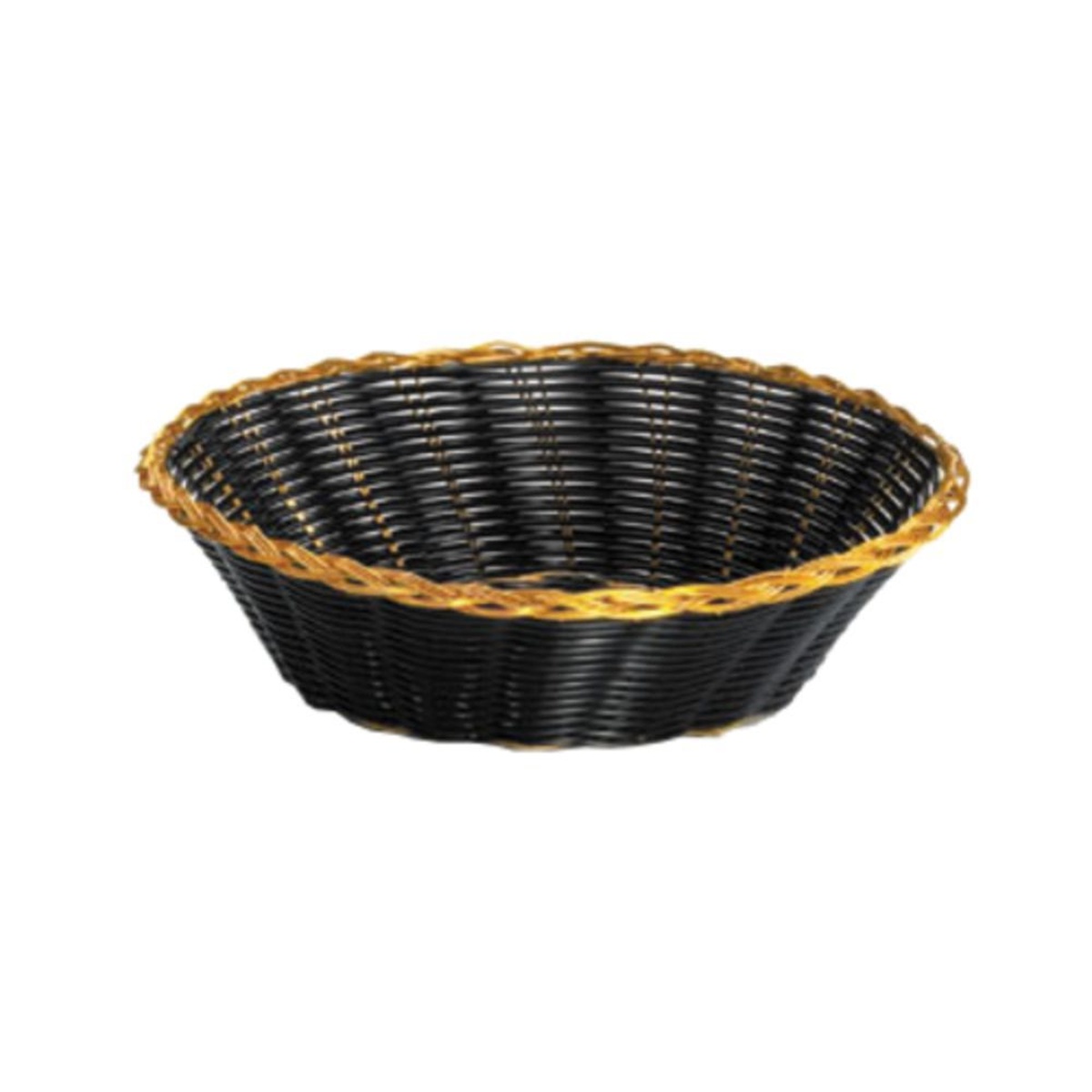 Tablecraft 875B round handwoven basket in black with gold metal trim, 8-inch diameter