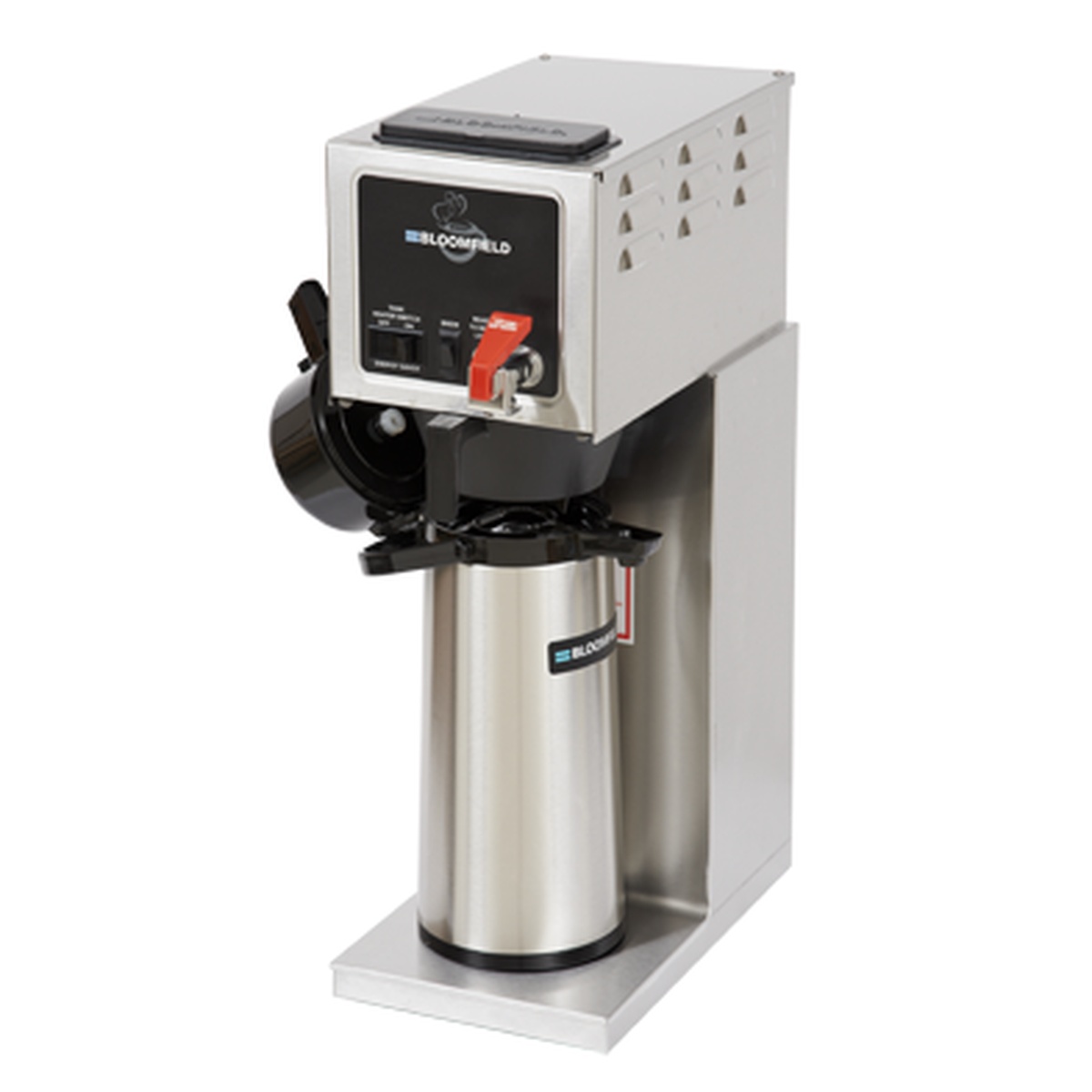 Bloomfield 8773AF Integrity automatic airpot coffee brewer with stainless steel airpot positioned underneath the brew head
