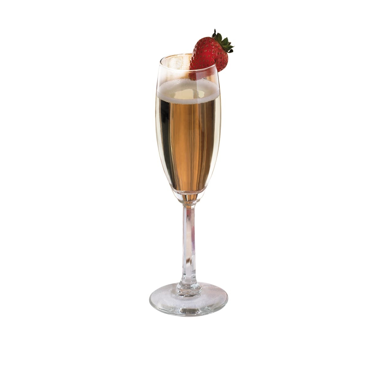 Libbey 8795 Napa Country champagne flute glass filled with sparkling wine on white background
