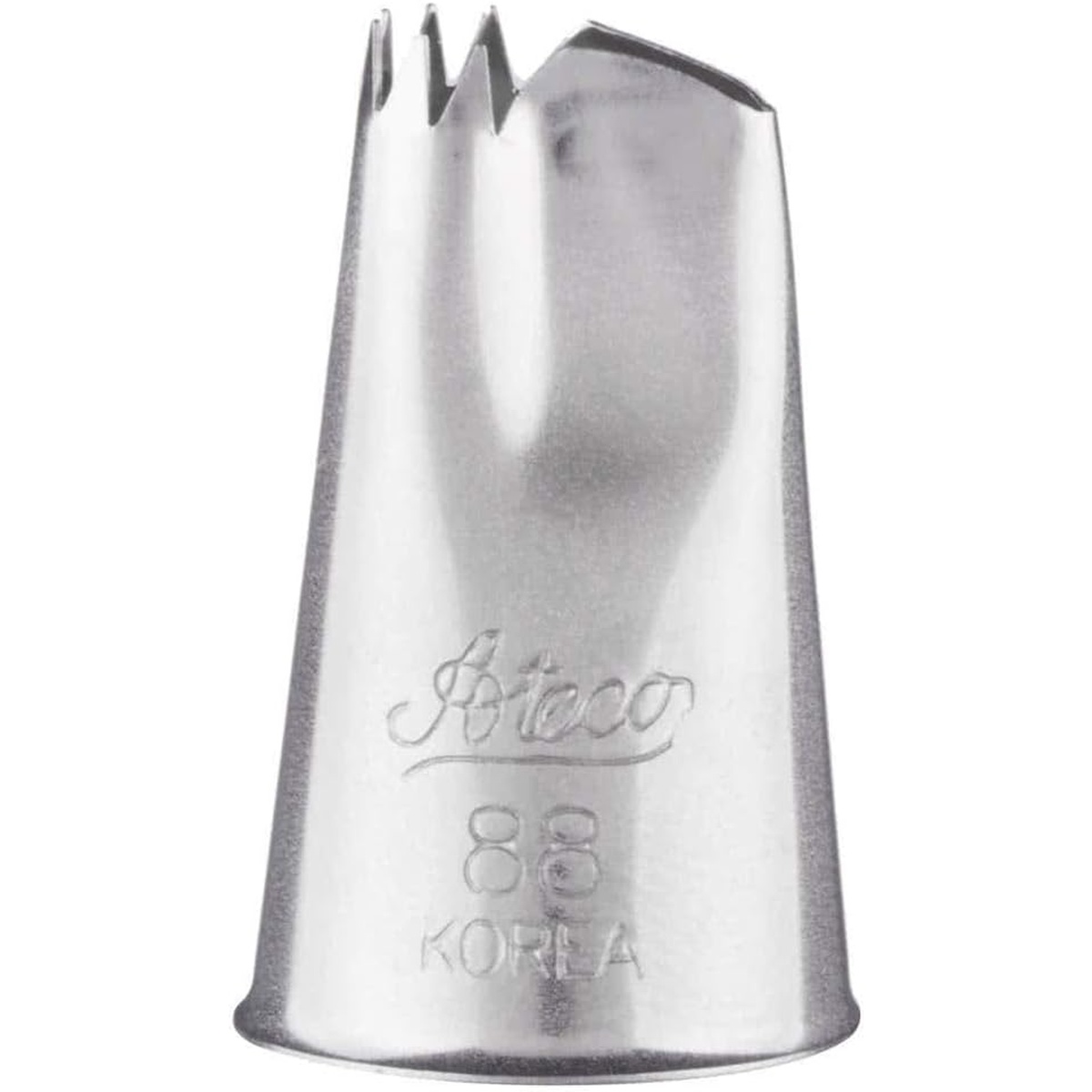 Side view of the Ateco 88 piping tip showing its conical stainless steel body and ruffle tip profile