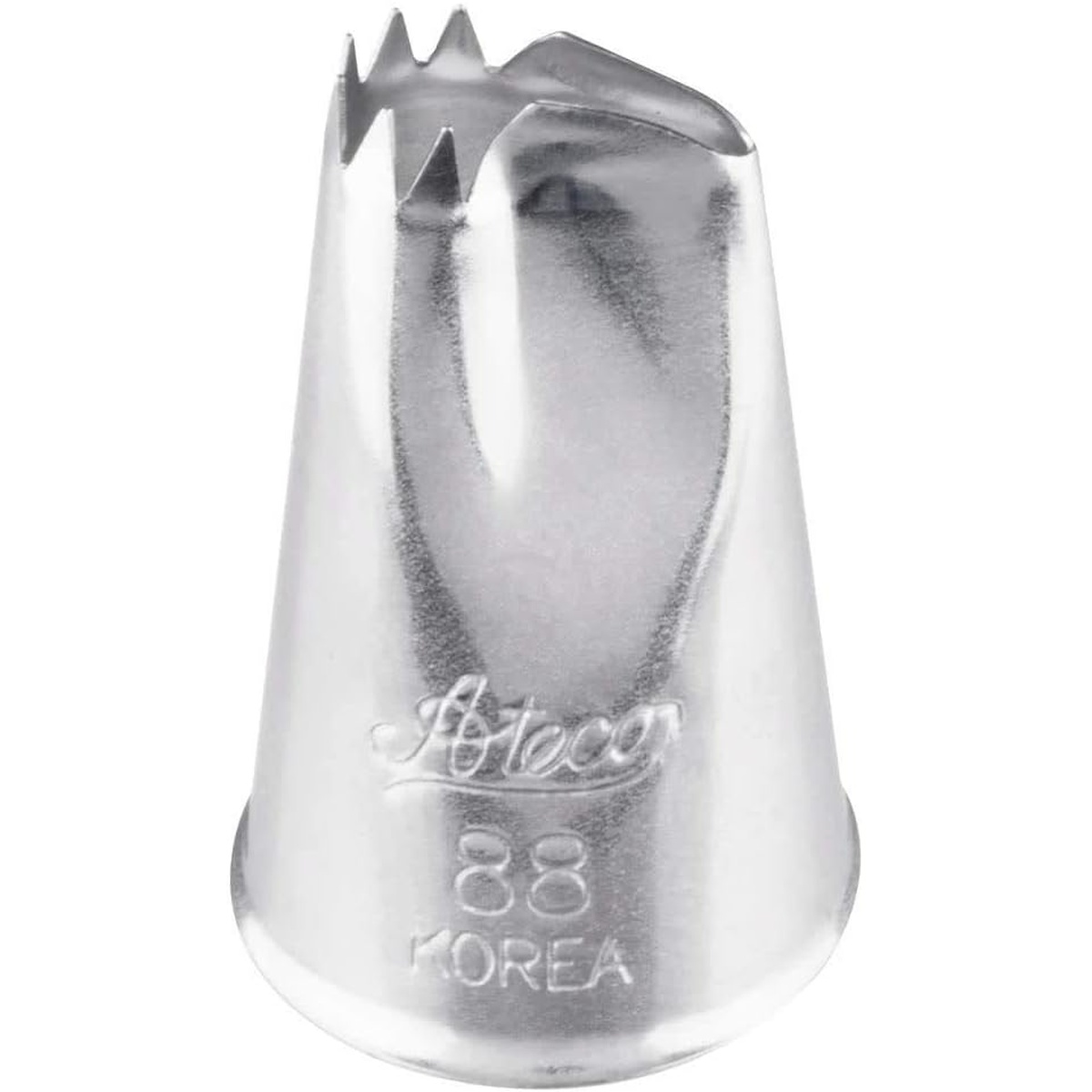 Front view of the Ateco 88 ruffle piping tip showing the full tip body stamped with brand name and number