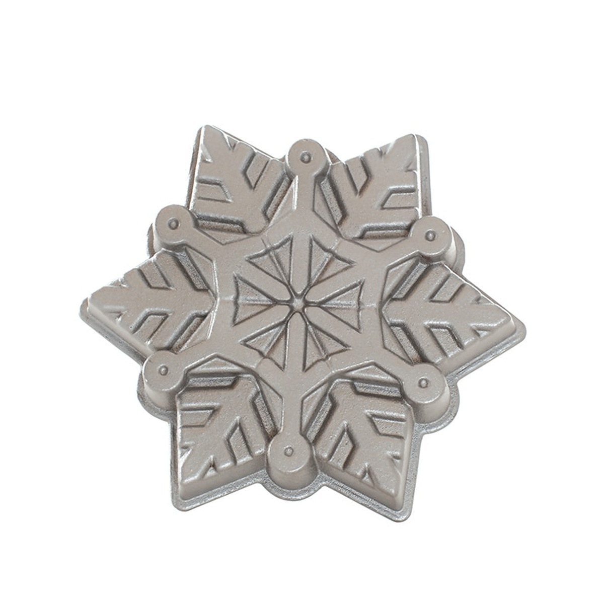 Nordic Ware Snowflake Pan exterior - silver cast aluminum pan with intricate snowflake pattern on white background