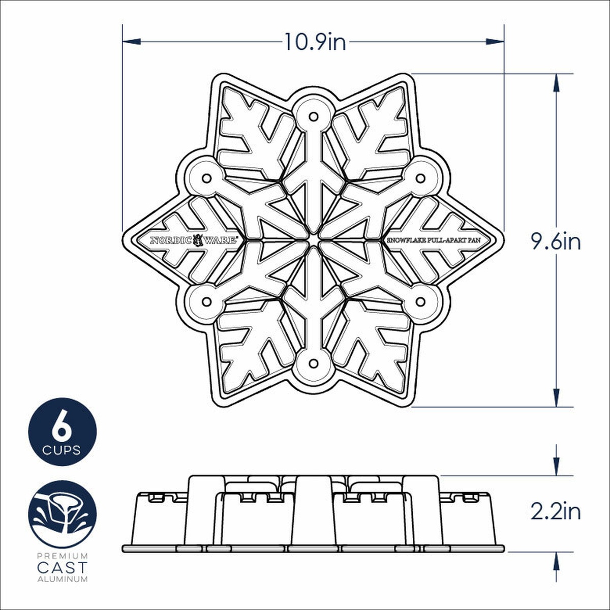 Nordic Ware Snowflake Pan dimension diagram showing 10.9 inch length, 9.6 inch width, 2.2 inch height, and 6-cup capacity