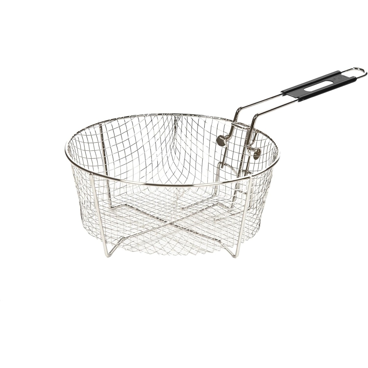 Angled view of round Lodge deep fry basket
