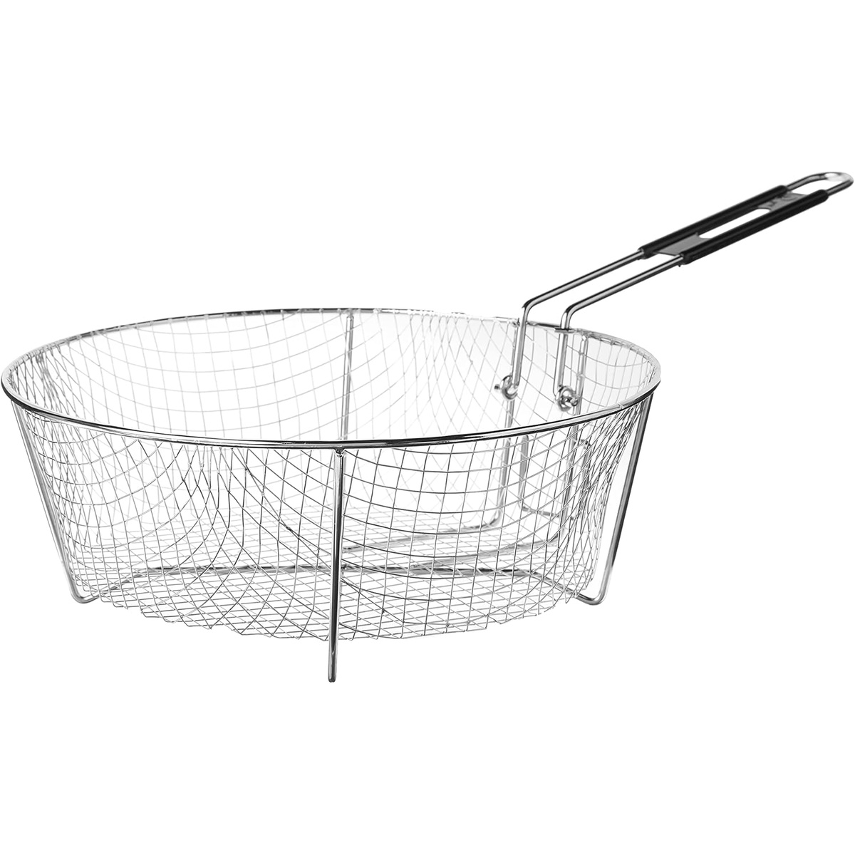 Side view of Lodge deep fry basket showing folding handle