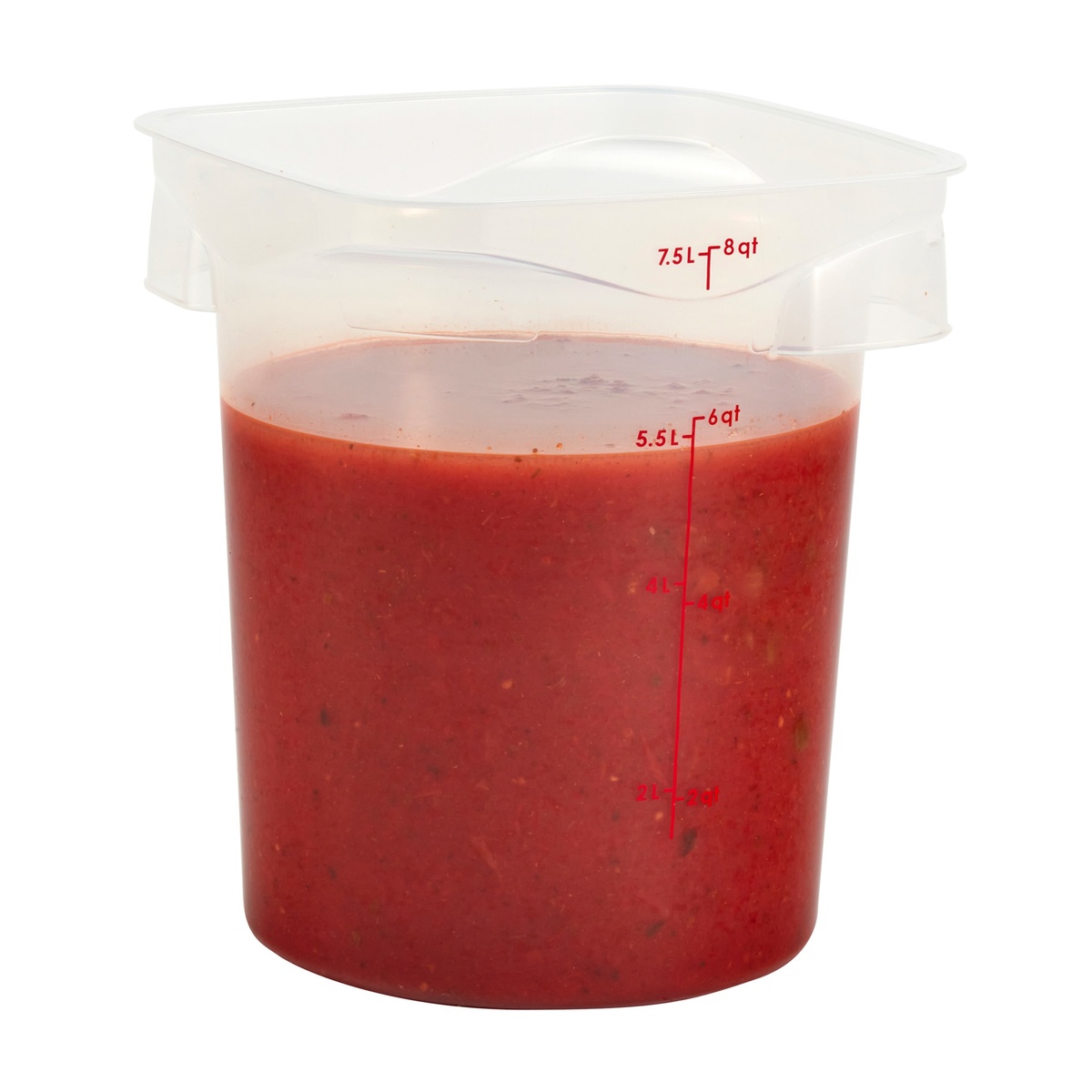 Cambro 8 Qt CamRounds FreshPro container filled with tomato sauce showing translucent sidewall and red graduation markings