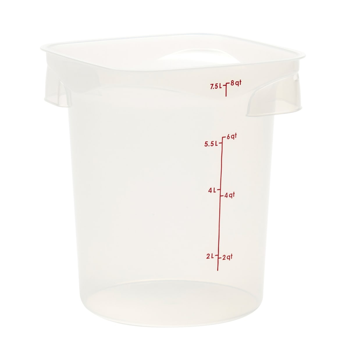 Cambro 8 Qt CamRounds FreshPro translucent round polypropylene food storage container with red graduation markings