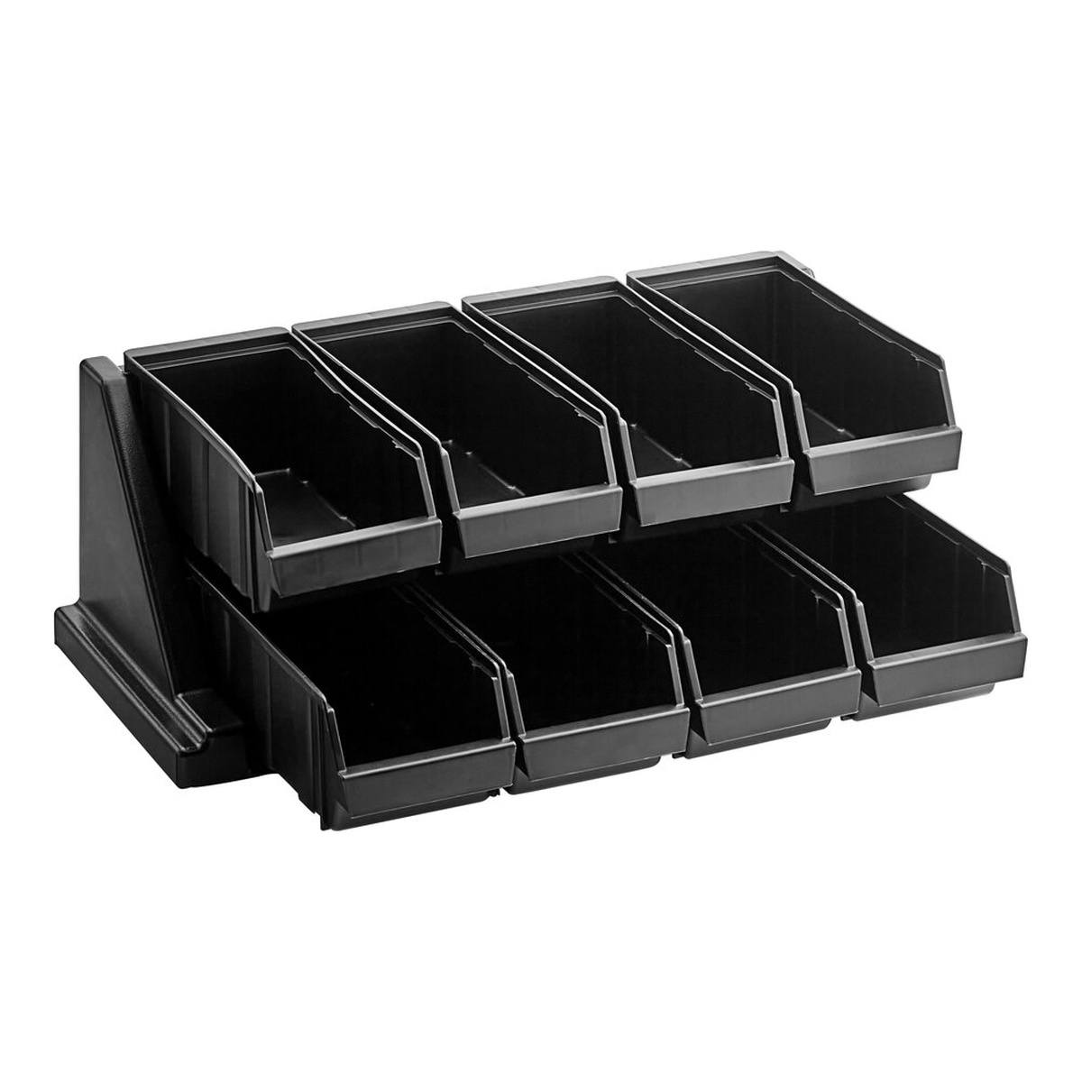 Cambro 8RS8110 black 2-tier condiment bin stand set with 8 open-front bins on white background