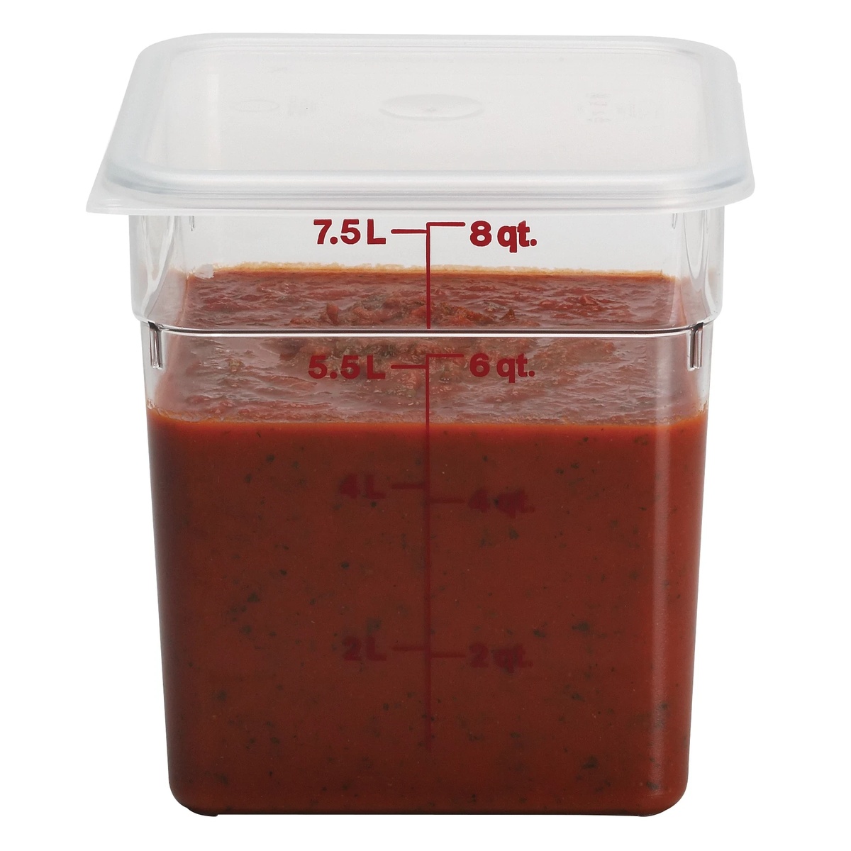 Clear square Cambro CamSquares food storage container filled with sauce and topped with a translucent square lid