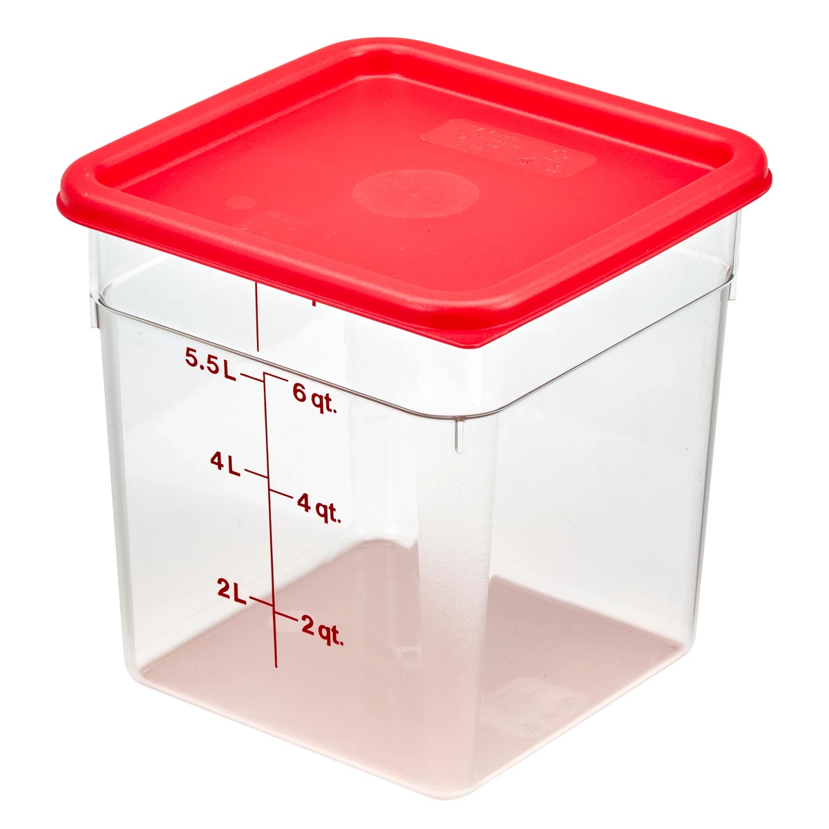 Clear square Cambro CamSquares container with red lid shown in angled view