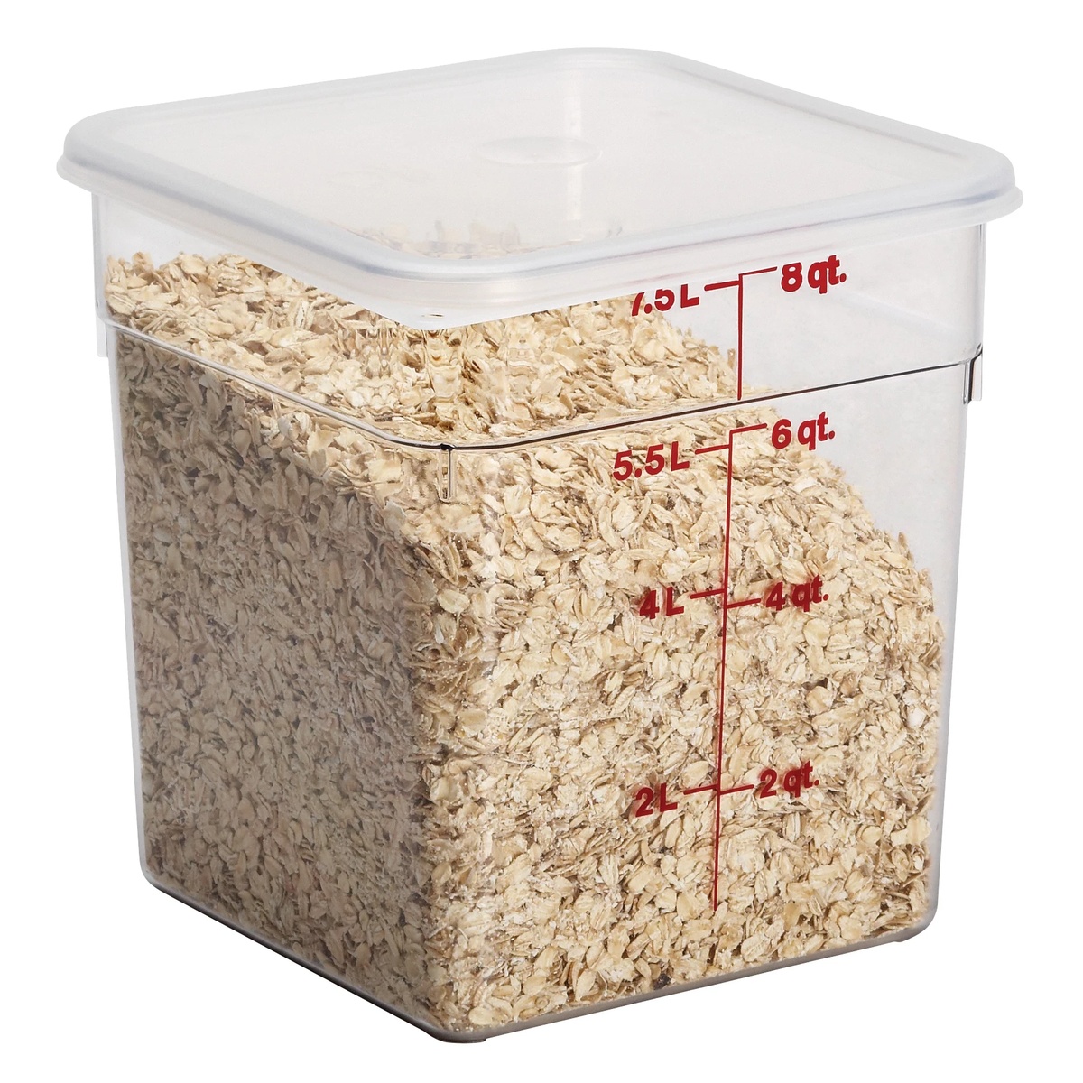 Clear 8 quart square Cambro CamSquares container filled with dry oats and covered with a translucent lid