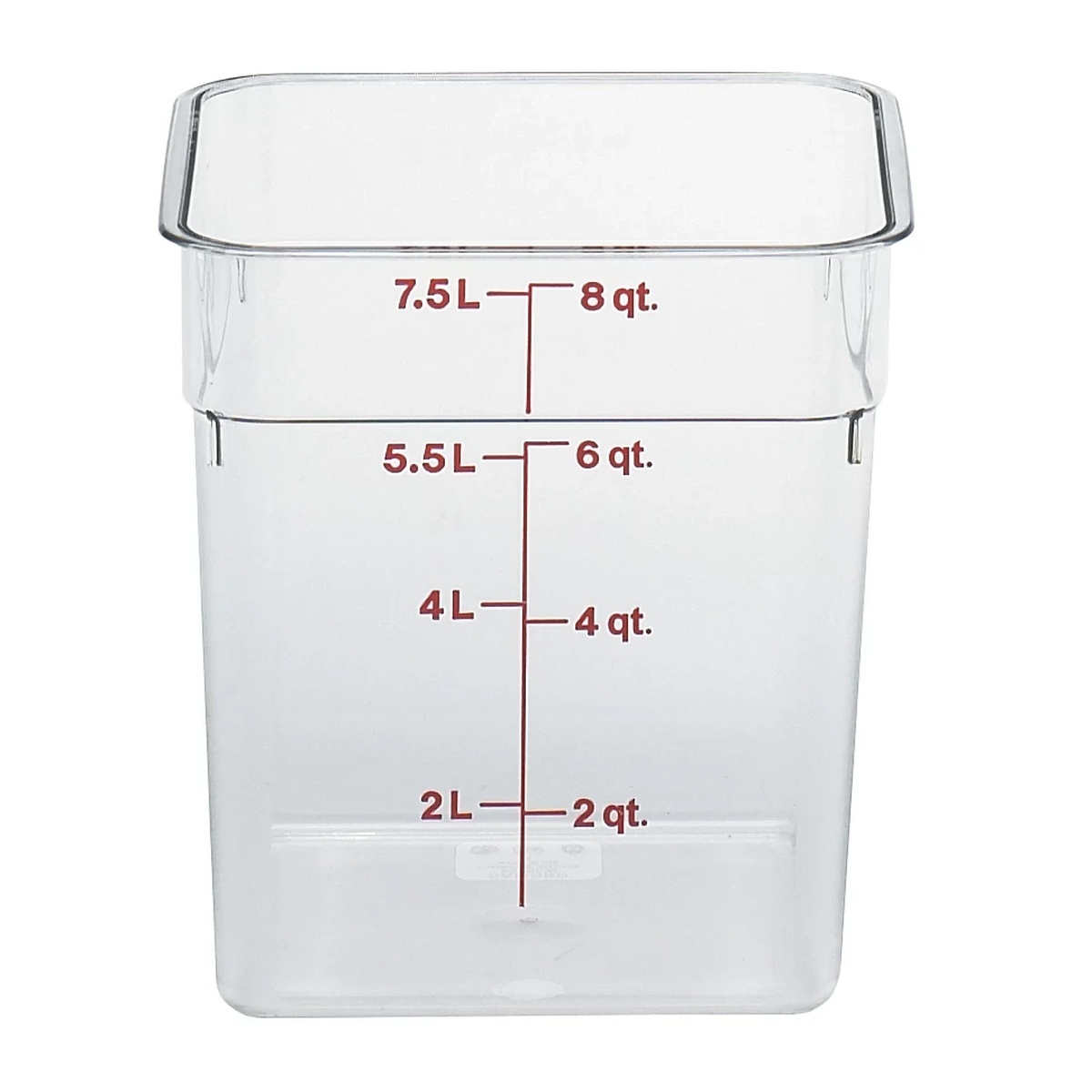 Clear square 8 quart Cambro CamSquares food storage container with red quart and liter graduations