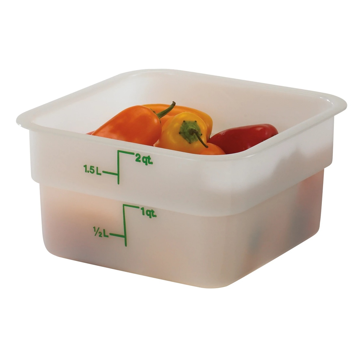 Cambro CamSquares Classic white square container holding fresh peppers with graduation markings visible on the side