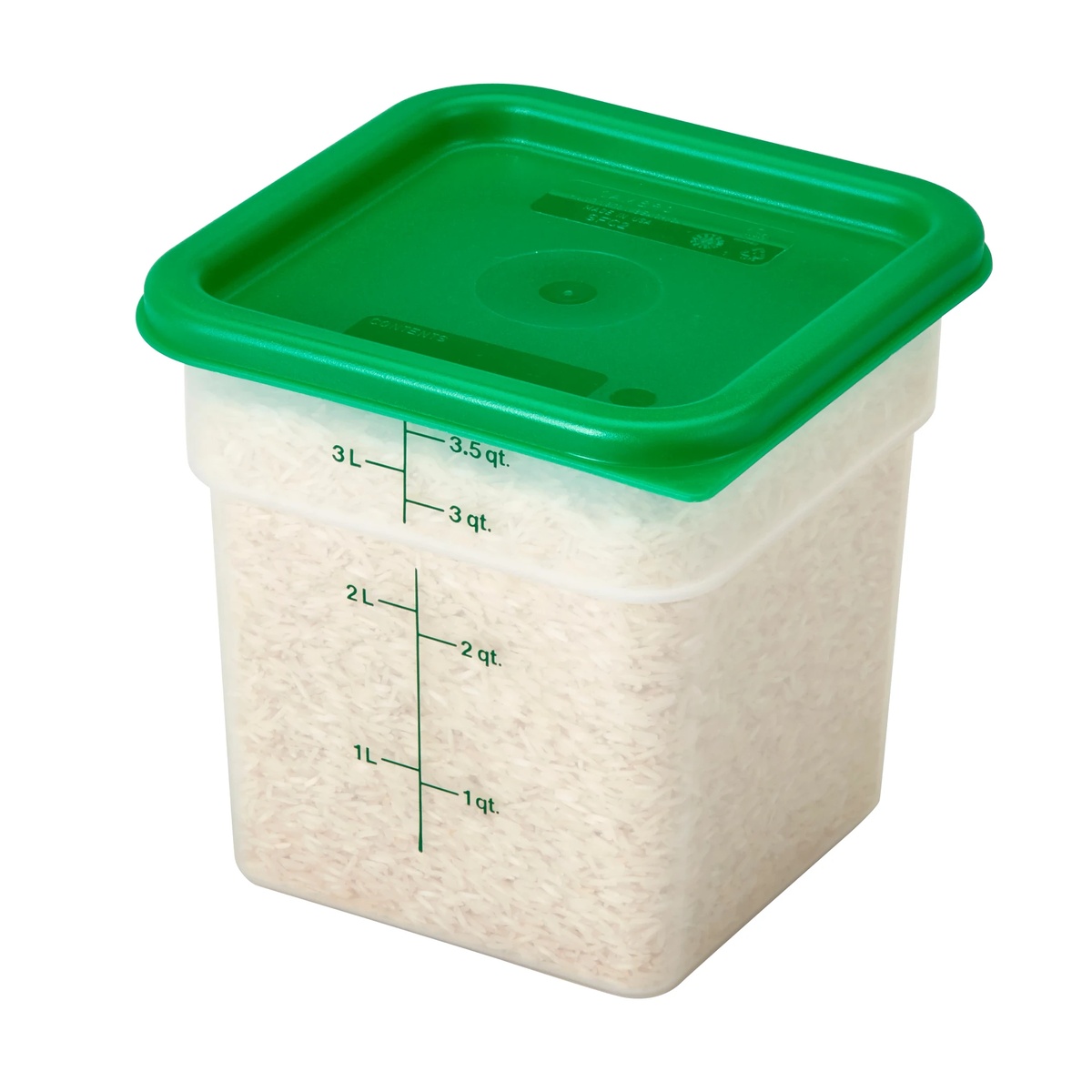 Cambro translucent square food storage container sealed with a green lid and filled with dry rice, shown from front angle