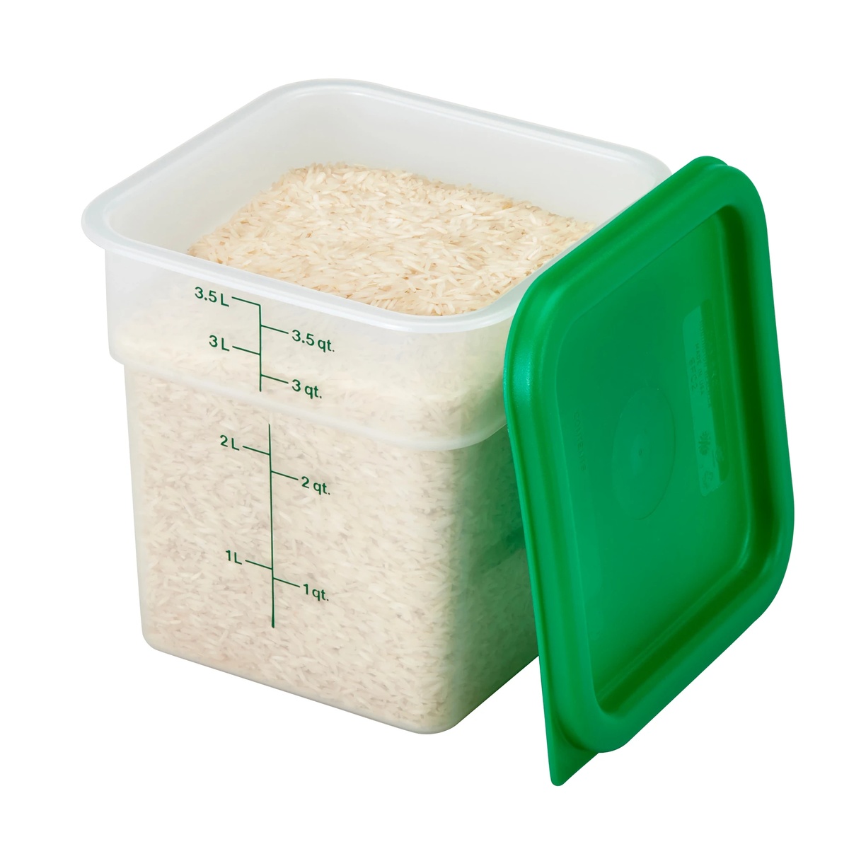 Cambro translucent square food storage container filled with rice with green lid resting alongside it