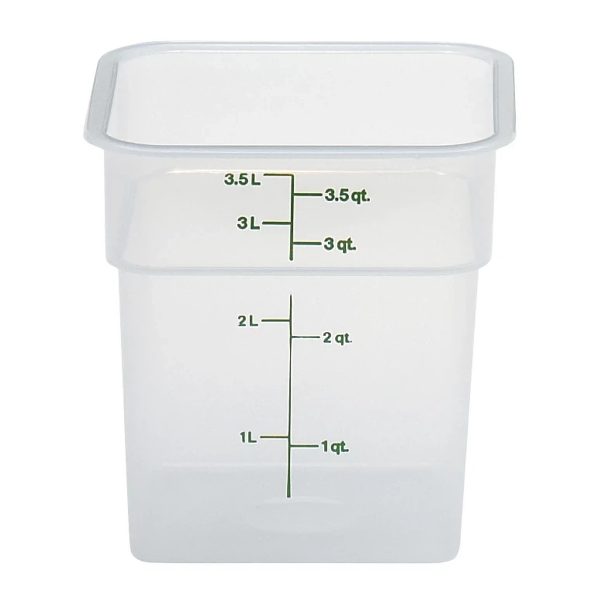 Cambro CamSquares Classic translucent square food storage container showing graduation markings in quarts and liters