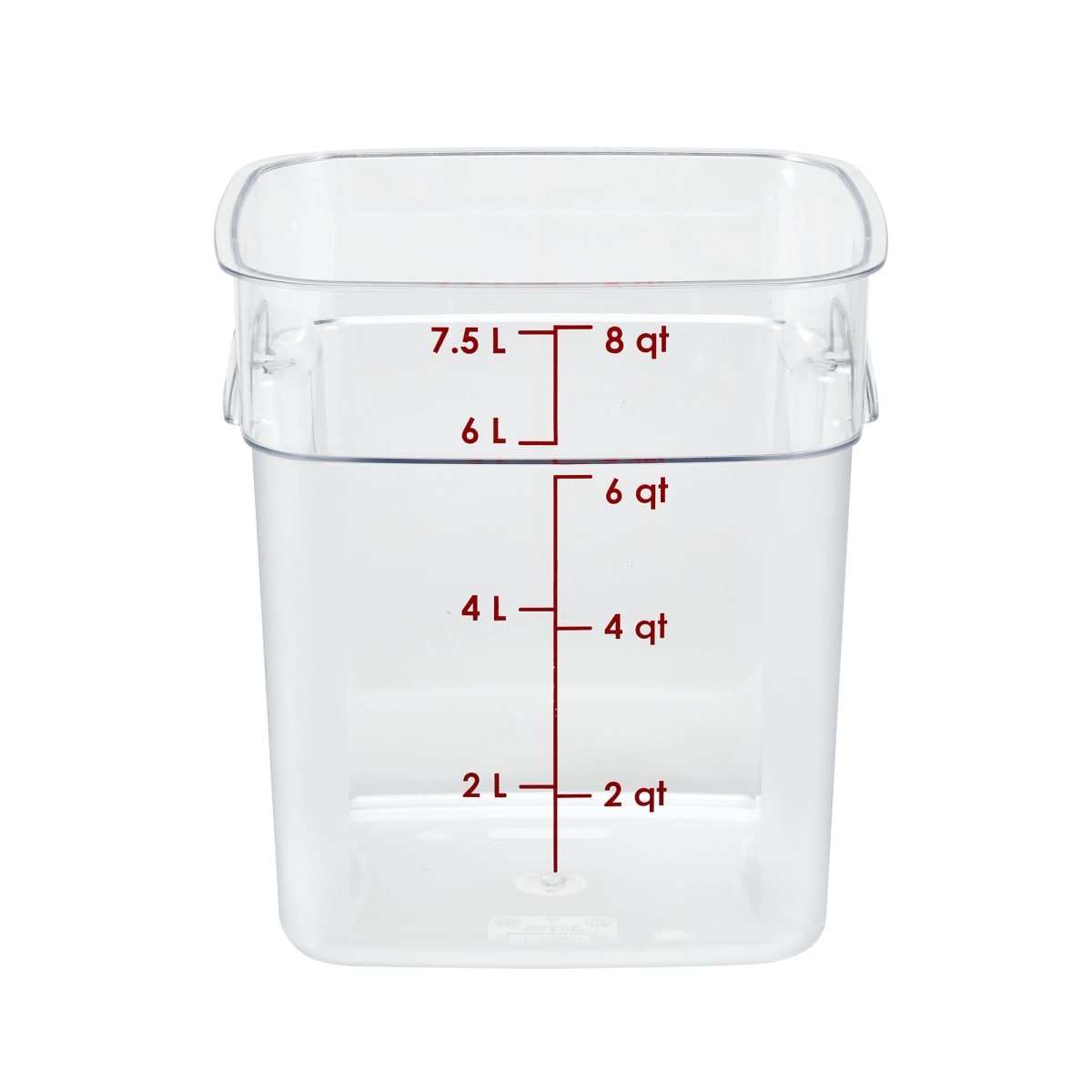 Cambro CamSquare FreshPro 8 qt clear polycarbonate food storage container with red measurement graduations