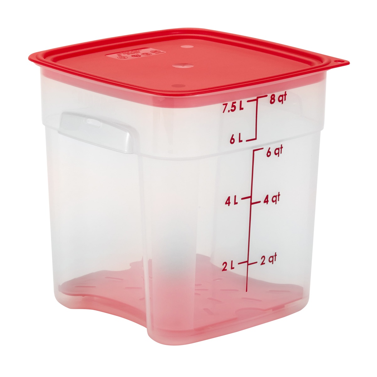 Cambro 8 qt FreshPro container with red polypropylene lid secured on top