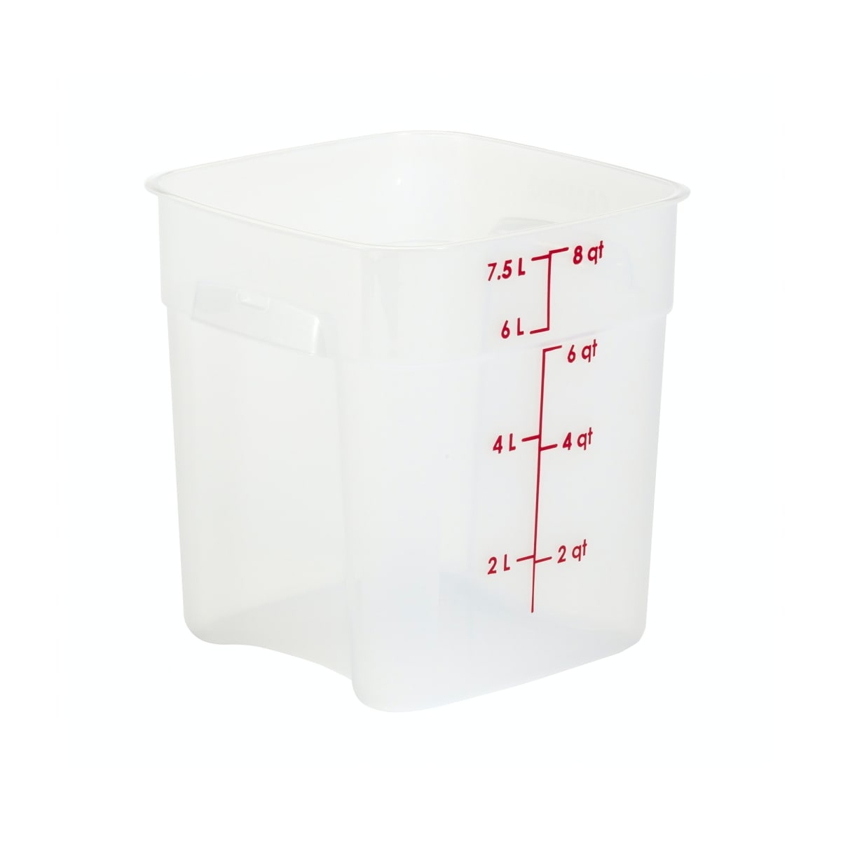 Cambro 8 qt CamSquares FreshPro translucent square polypropylene food storage container, side view showing red graduation markings