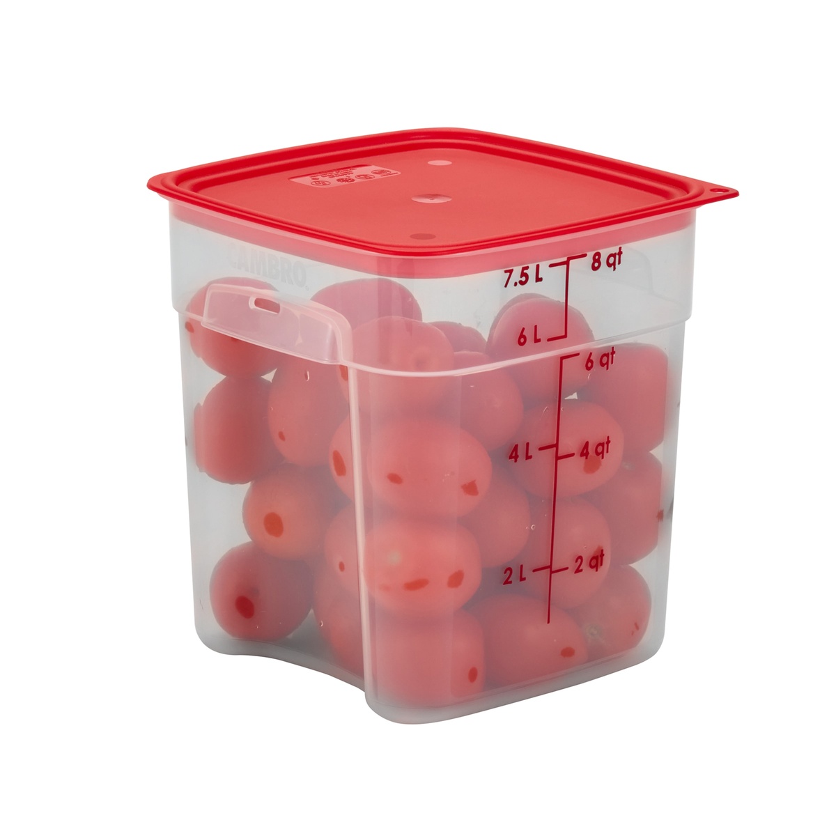 Cambro 8 qt FreshPro container filled with round produce and topped with a red lid, showing translucent visibility