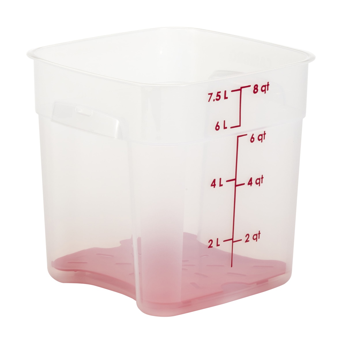 Cambro FreshPro 8 qt container with red drain tray visible at the base, translucent walls