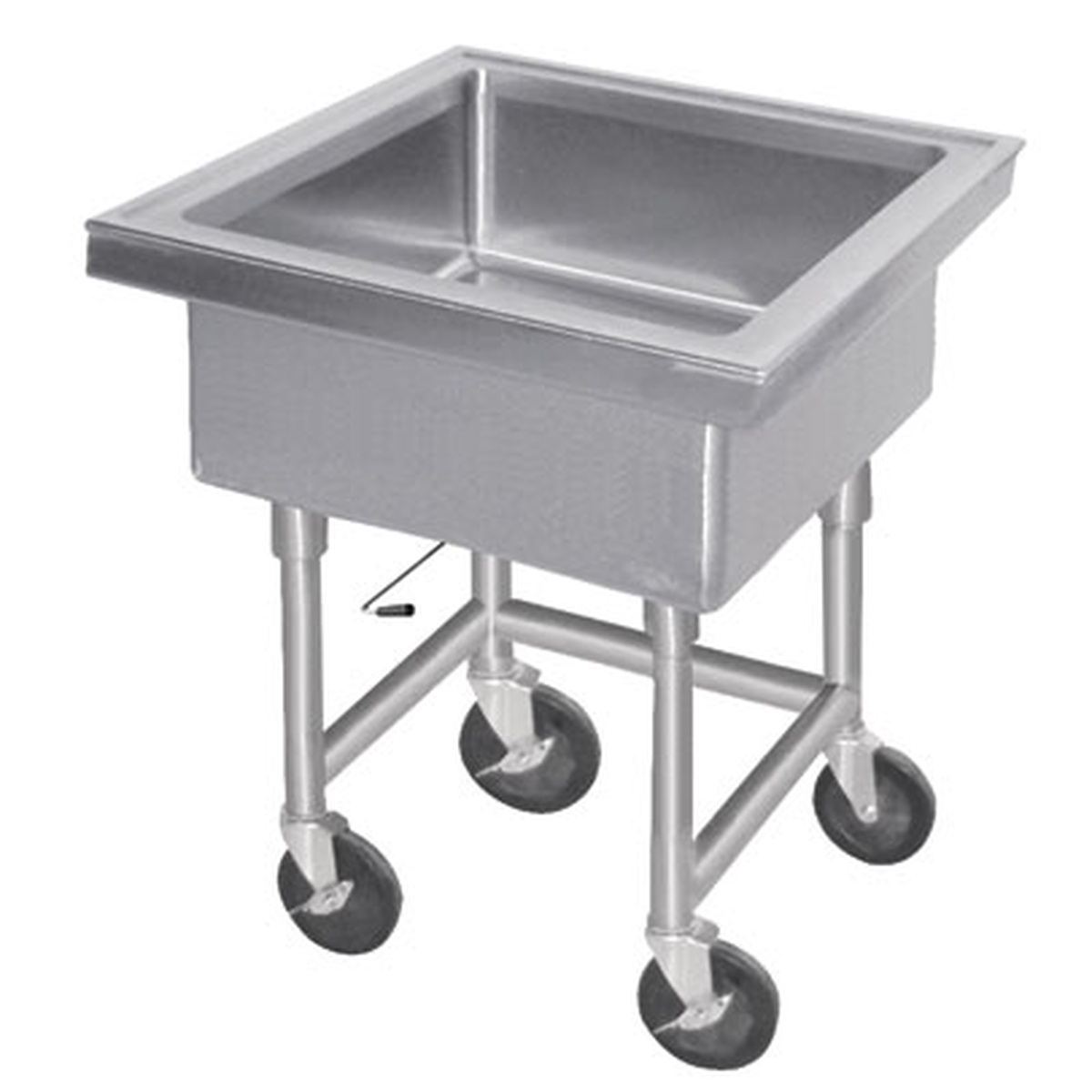 Advance Tabco 9-FMS-20 stainless steel mobile soak sink with casters and square bowl on tubular legs