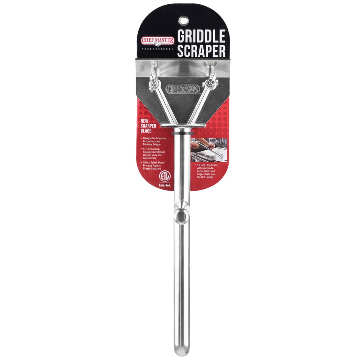 Chef Master 90002 griddle scraper shown in retail packaging with product features listed on card