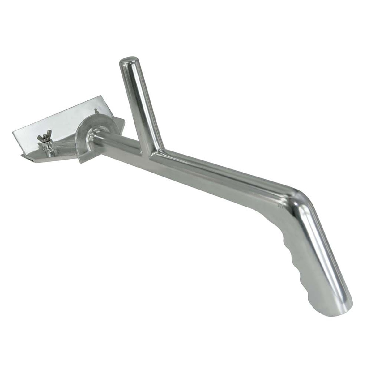 Chef Master 90002 griddle scraper showing die-cast aluminum frame, stainless steel blade, splash guard, and dual handles