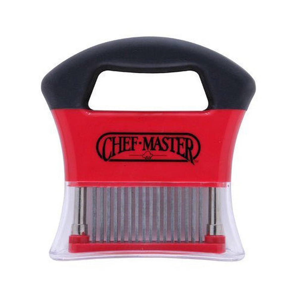 Chef Master 90009 meat tenderizer with red body, black ergonomic handle, clear blade guard, and 48 stainless steel blades