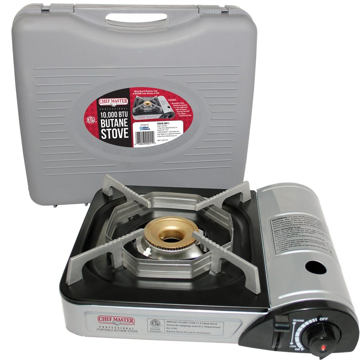 Chef Master 90011 butane stove shown with high-impact carrying case