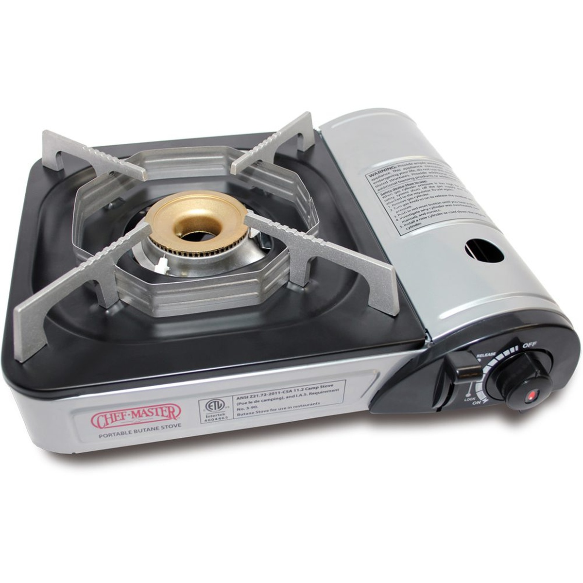 Chef Master 90011 portable butane stove, top view with burner and control knob
