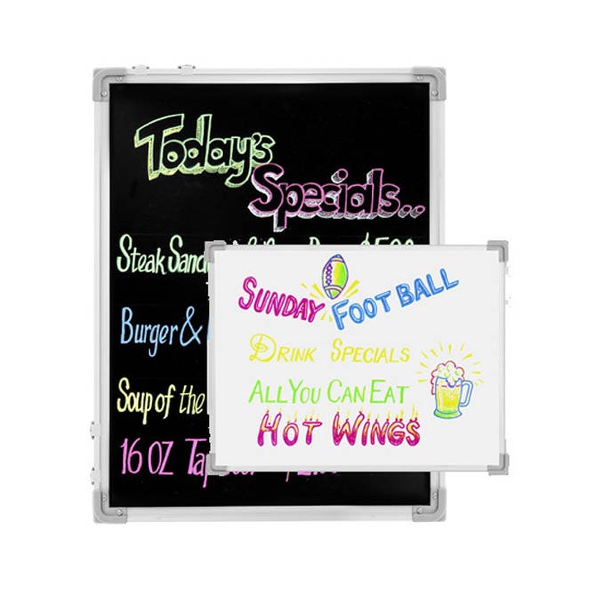 Chef Master 90030 write-on board showing both black and white reversible sides with colorful fluorescent marker writing