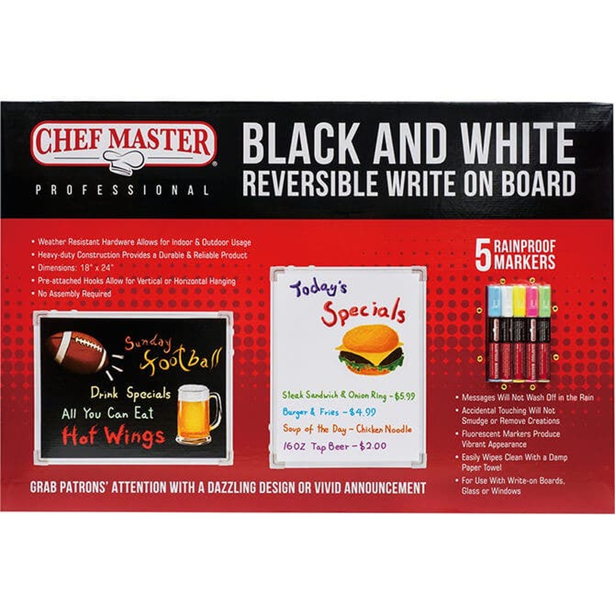 Chef Master 90030 product packaging box showing black and white reversible write-on board with 5 rainproof markers
