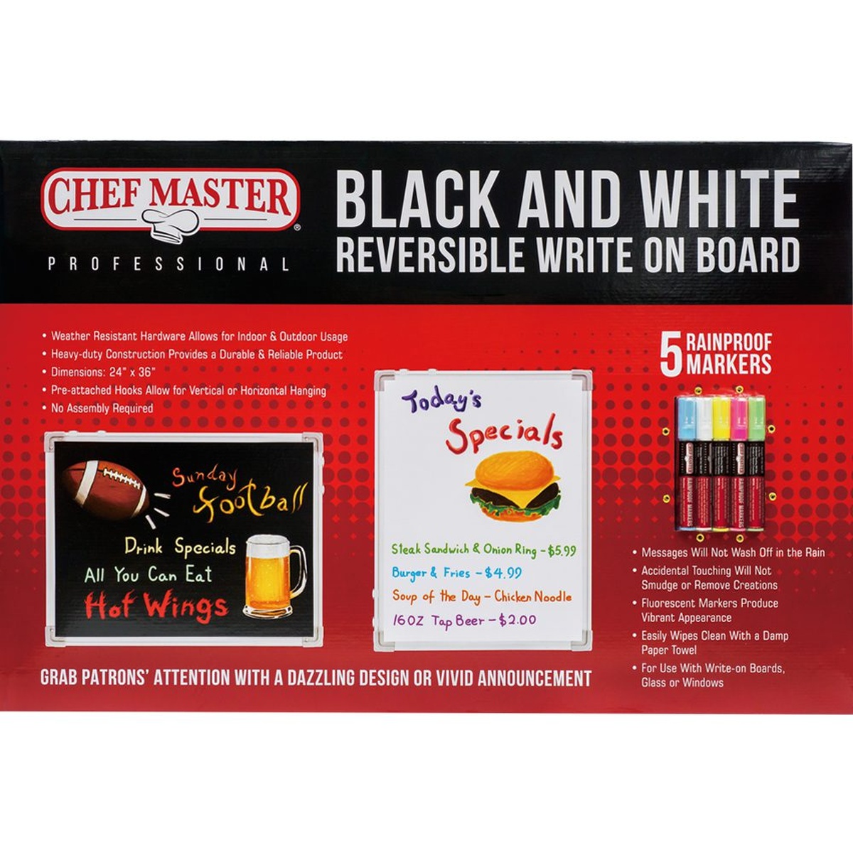 Chef Master 90031 Black and White Reversible Write-On Board packaging showing both board sides and included markers