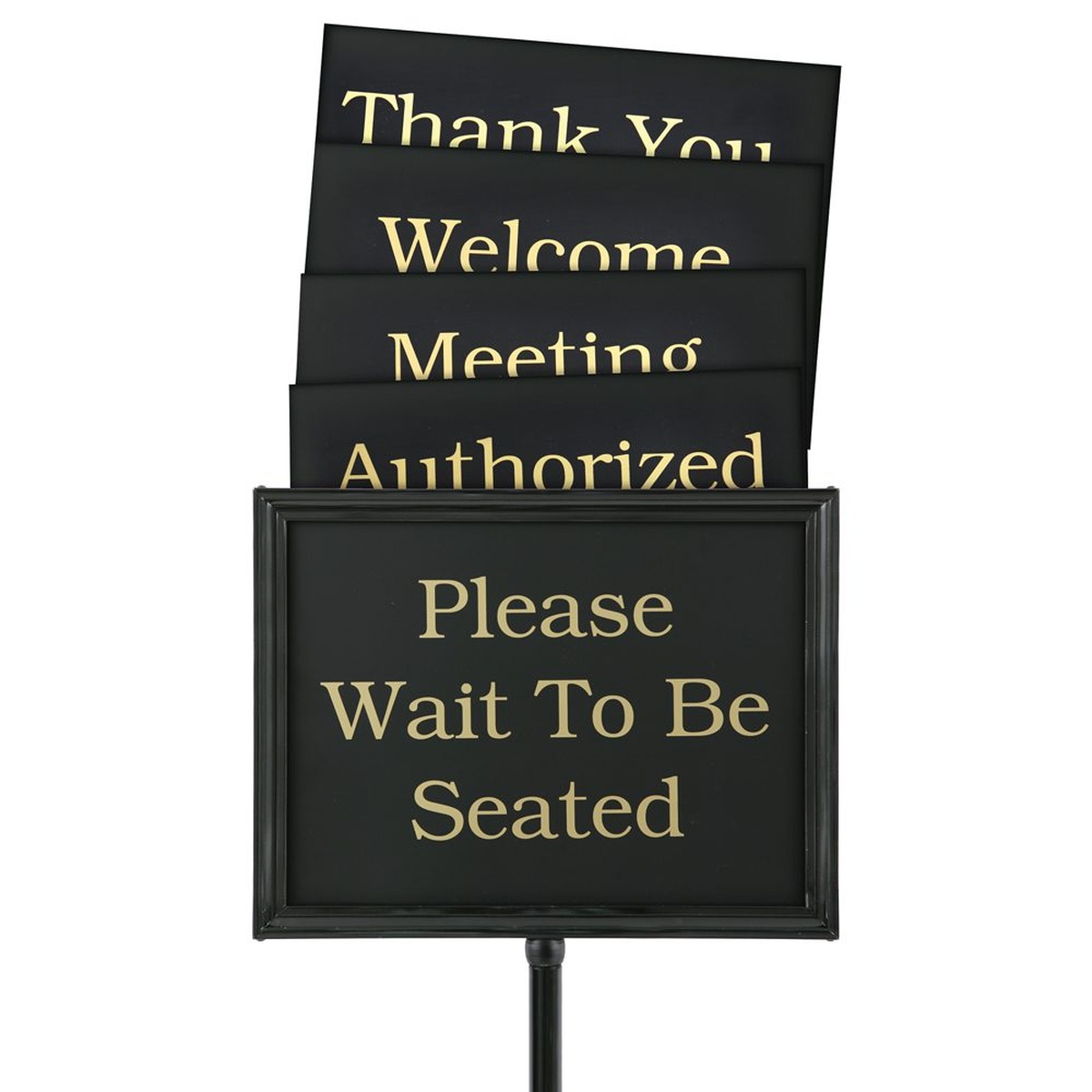 Chef Master 90033 hostess sign showing multiple black PVC inserts with gold text fanned above the framed display