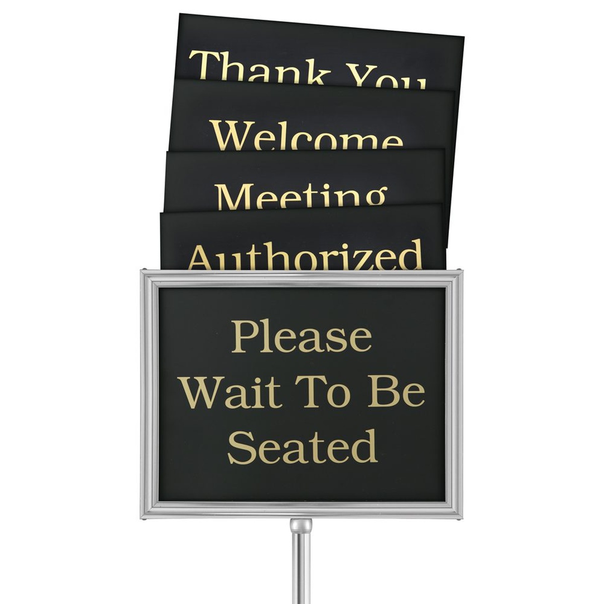 Chef Master 90038 hostess teller sign with chrome aluminum frame showing multiple black PVC message cards fanned out including Please Wait To Be Seated, Welcome, Thank You, Meeting, and Authorized