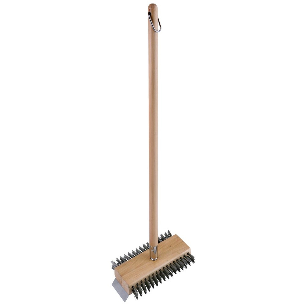 Chef Master 90042 Classic Broiler Brush with 30-inch wooden handle, stainless steel bristles, and scraper blade